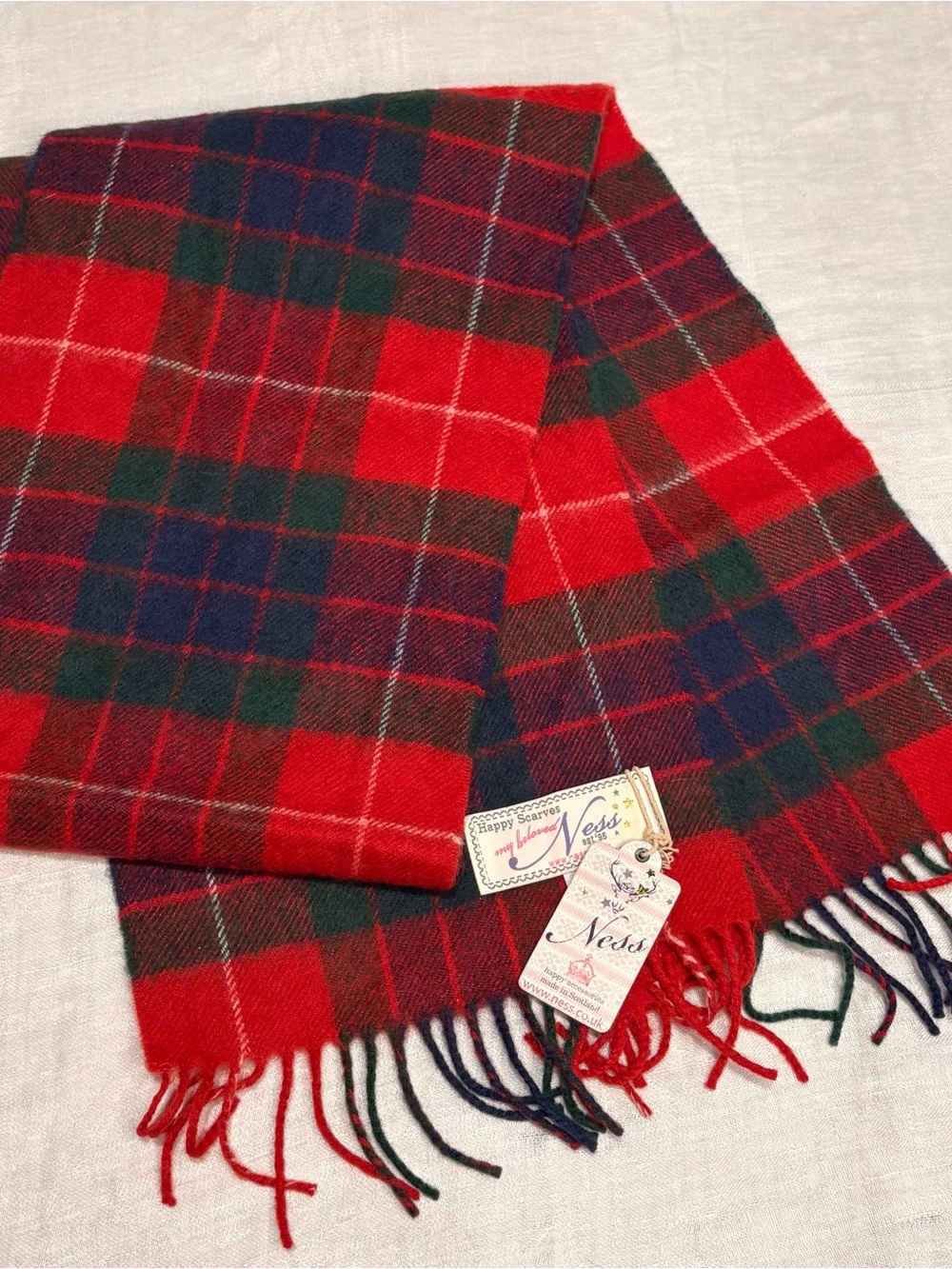 Ness Red Tartan Plaid Wool Scarf brand new